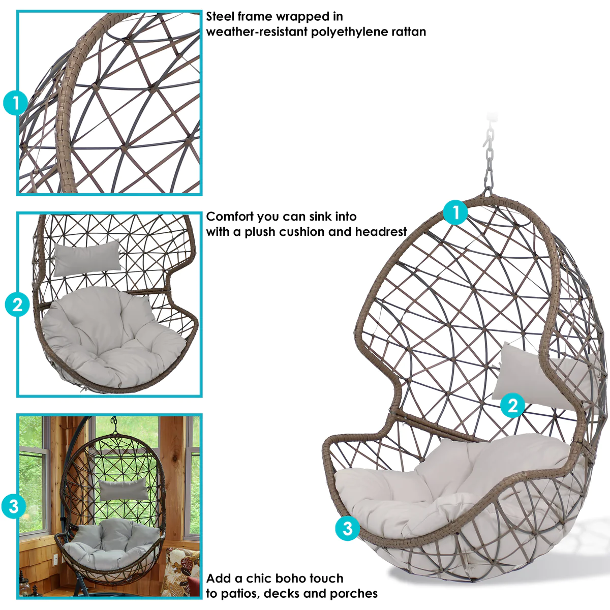 Sunnydaze Danielle Hanging Egg Chair - Resin Wicker - Image 4