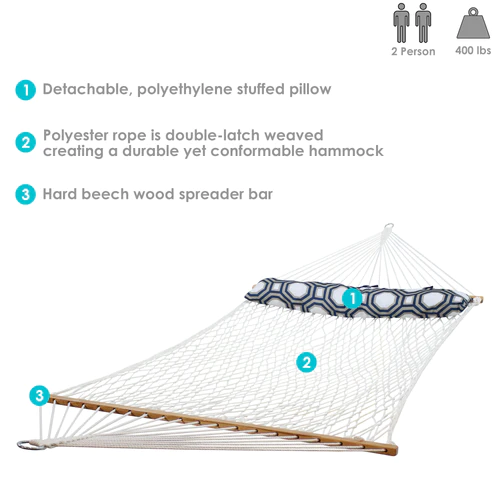 Sunnydaze 2-Person Polyester Patio Spreader Bar Rope Hammock with Pillow - Image 4