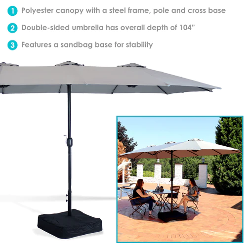 Sunnydaze 15' Double-Sided Outdoor Patio Umbrella with Sandbag Base - Gray - Image 3