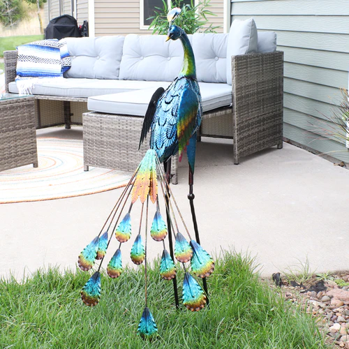 Peacock Metal Outdoor Garden Statue - 2 Statues - Image 5