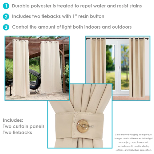 2 Indoor/Outdoor Blackout Curtain Panels with Grommet Top - 52 x 96 in (1.32 x 2.43 m) - Beige - Image 3